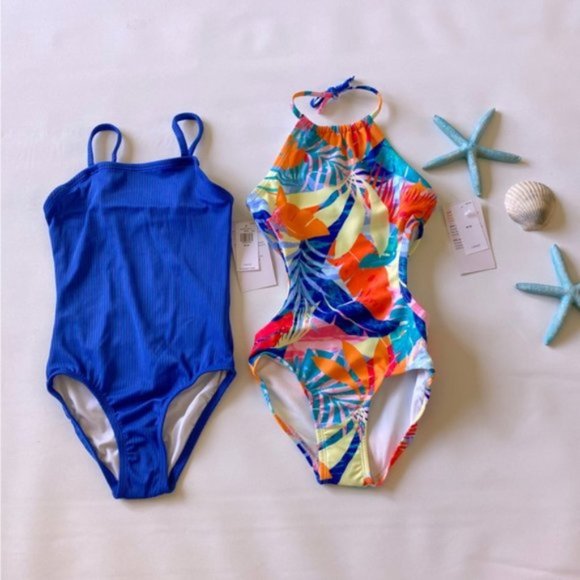 Old Navy | Girls Printed Halter Cut Out Ribbed Style One-Piece Swimsuit 2-Pack - Picture 3 of 15
